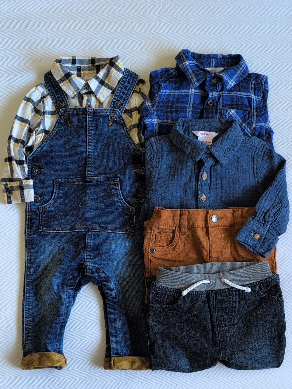 JOE FRESH | 6pc Autumn Mix & Match Capsule Wardrobe Flannel Overalls Denim | 12M